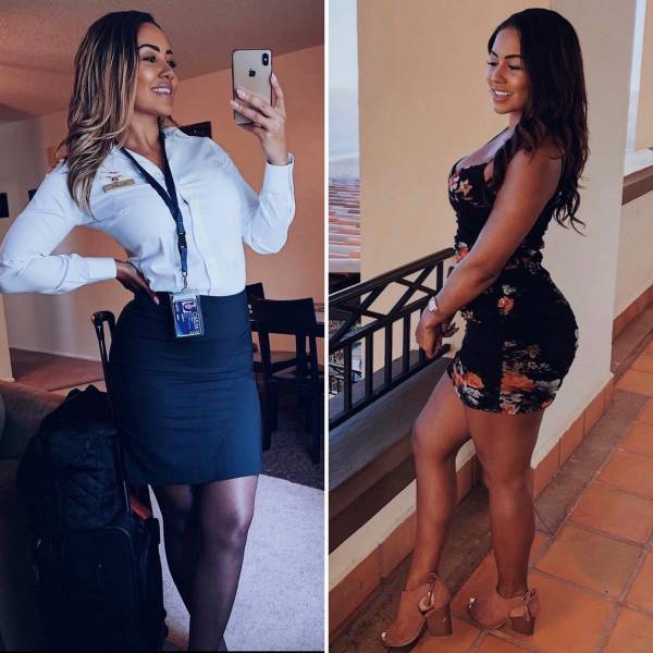 Hot Flight Attendants With And Without Their Uniforms