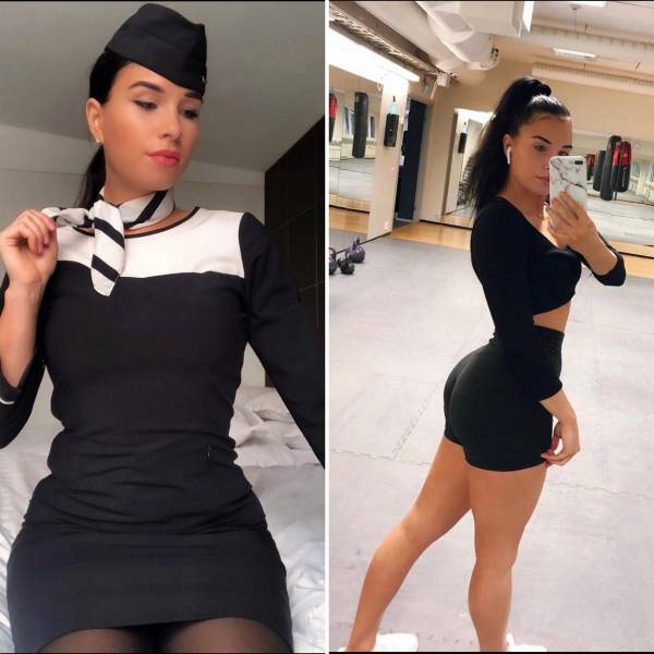 Hot Flight Attendants With And Without Their Uniforms