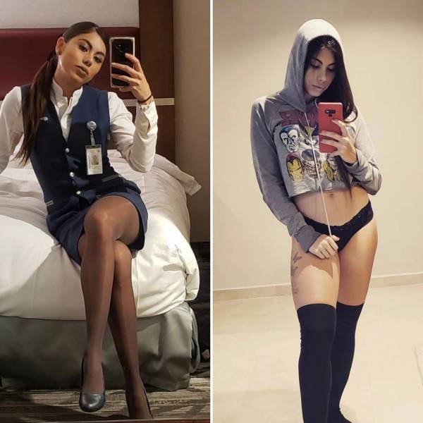 Hot Flight Attendants With And Without Their Uniforms