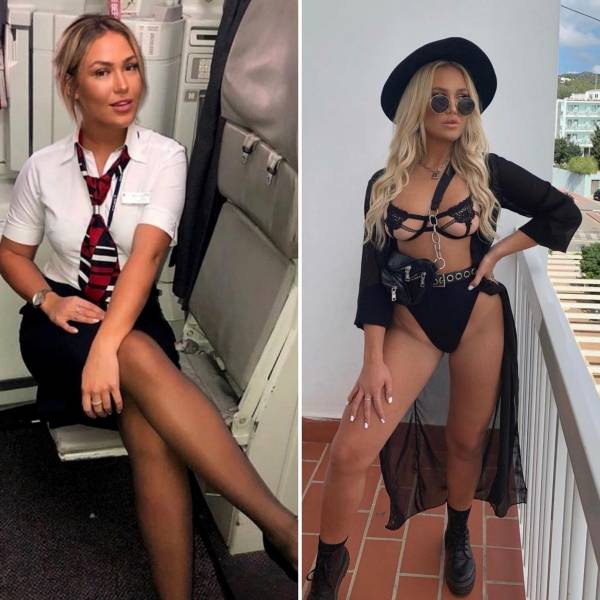 Hot Flight Attendants With And Without Their Uniforms