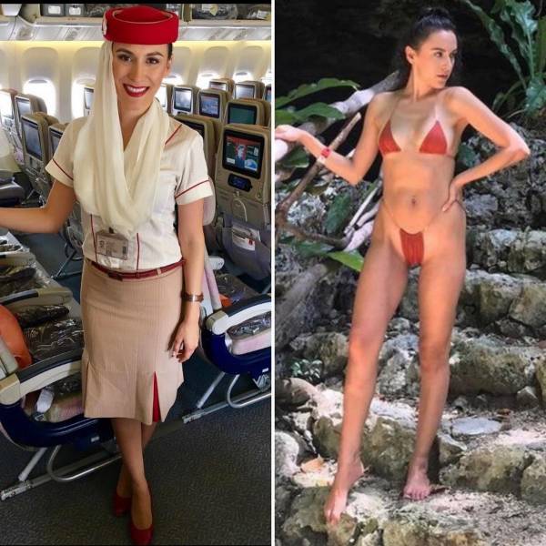Hot Flight Attendants With And Without Their Uniforms