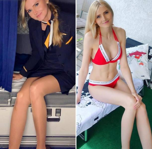 Hot Flight Attendants With And Without Their Uniforms