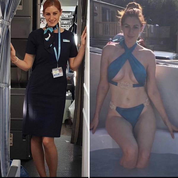Hot Flight Attendants With And Without Their Uniforms
