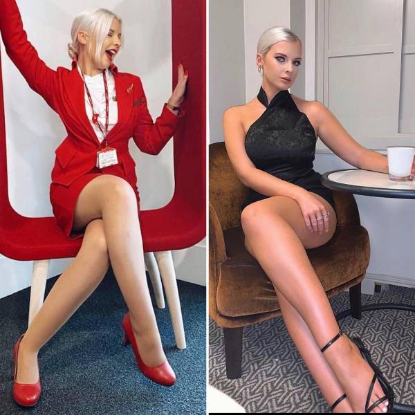 Hot Flight Attendants With And Without Their Uniforms