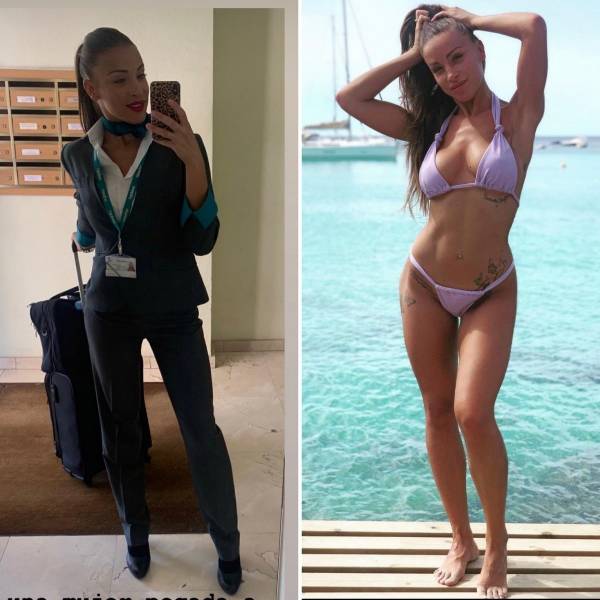Hot Flight Attendants With And Without Their Uniforms