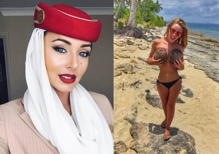 Hot Flight Attendants With And Without Their Uniforms
